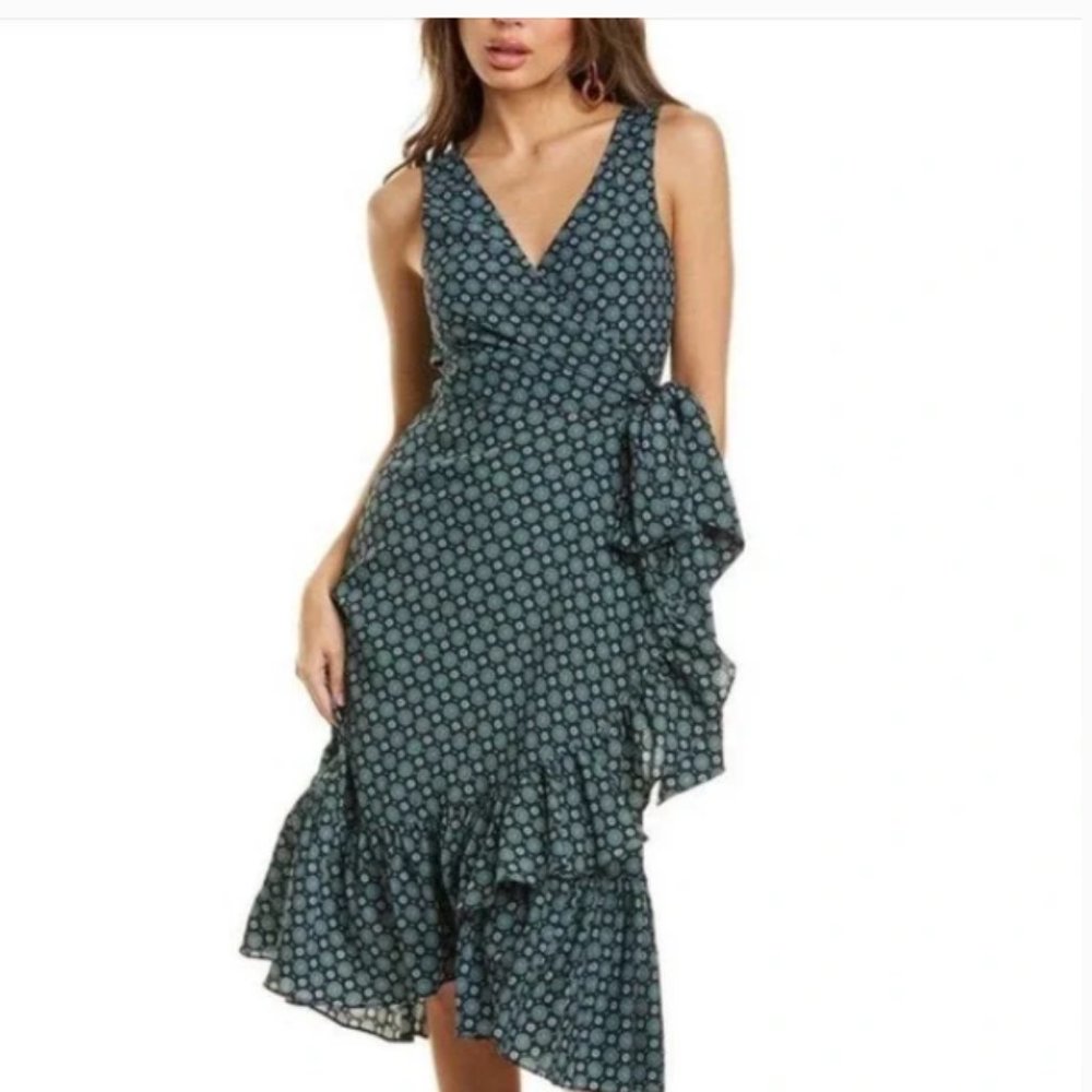 Tory Burch Green Blue and Black Batik Ruffle Wrap Dress size 6